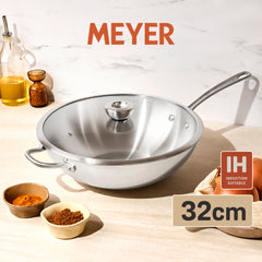 WOK Pans - Meyer - stainless-steel, bestselling, bigsale, Meyer - white-steel, payday, Special Sale - MEYER white steel กระทะสแตนเลสทรงลึก ขนาด 32 ซม. WOK PAN | PotsandPans