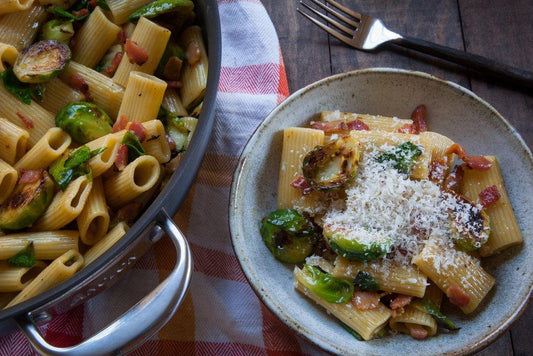 bacon carbonara pasta with brussels sprouts