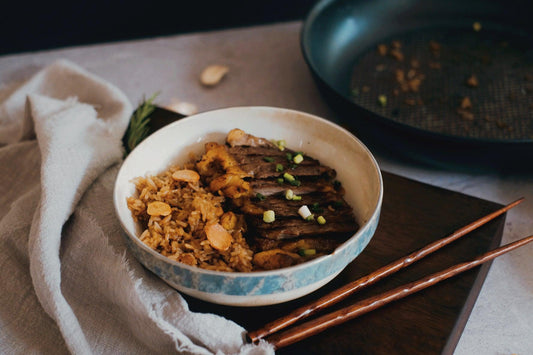 fried rice with pan seared beef steak