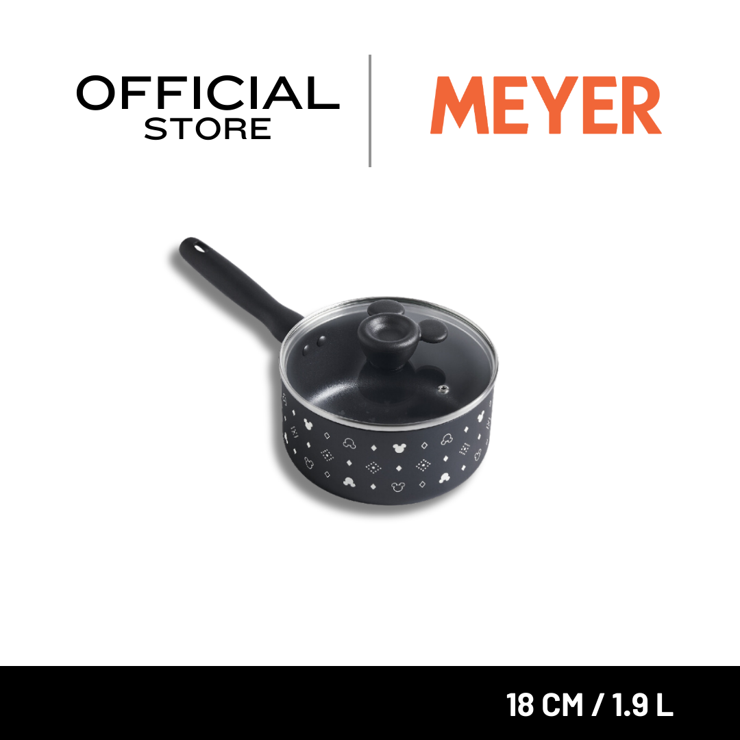 DISNEY MONOCHROME หม้อมีด้ามจับ MEYER ขนาด 18 ซม. / 1.9 ลิตร พร้อมฝาแก้ว Saucepan ลายมิคกี้ เมาส์ ลิขสิทธิ์แท้ (18228-T)