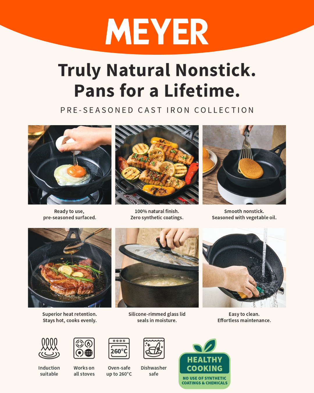 MEYER CAST IRON กระทะเหล็กหล่อ มีด้ามจับ 22 ซม. SKILLET (48446-C)