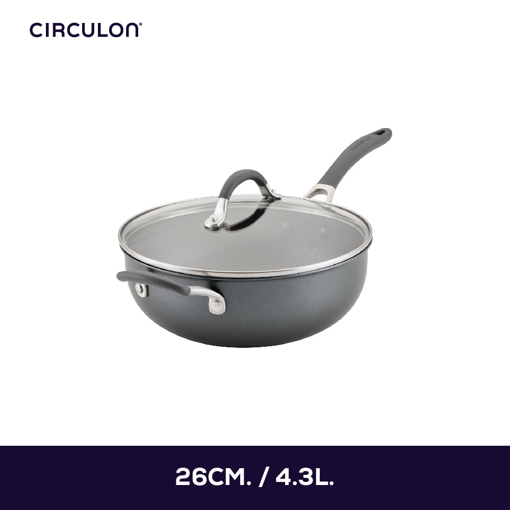 CIRCULON A1-SERIES เครื่องครัวอลูมิเนียมเคลือบผิวลื่น หม้อด้าม ขนาด 26 ซม./4.25 ลิตร พร้อมฝาแก้ว (81828-T)