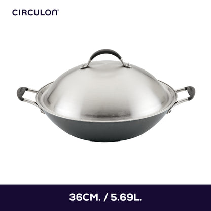 CIRCULON A1-SERIES เครื่องครัวอลูมิเนียมเคลือบผิวลื่น กระทะสองหูทรงลึก ขนาด 36 ซม./14 นิ้ว พร้อมฝาสแตนเลส (81830-T)