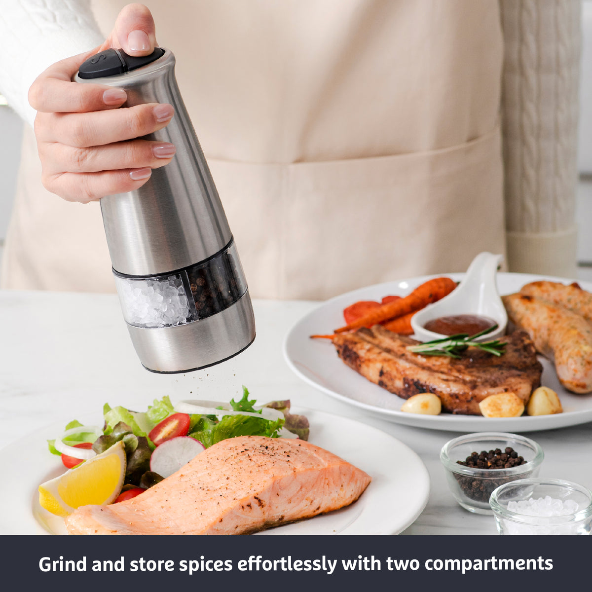 PRESTIGE ELECTRIC CERAMIC SPICE GRINDER, 2 COMPARTMENTS เครื่องบดเกลือและพริกไทยแบบ 2 หัว ขนาด 50 มิลลิลิตร ( 50674-C)
