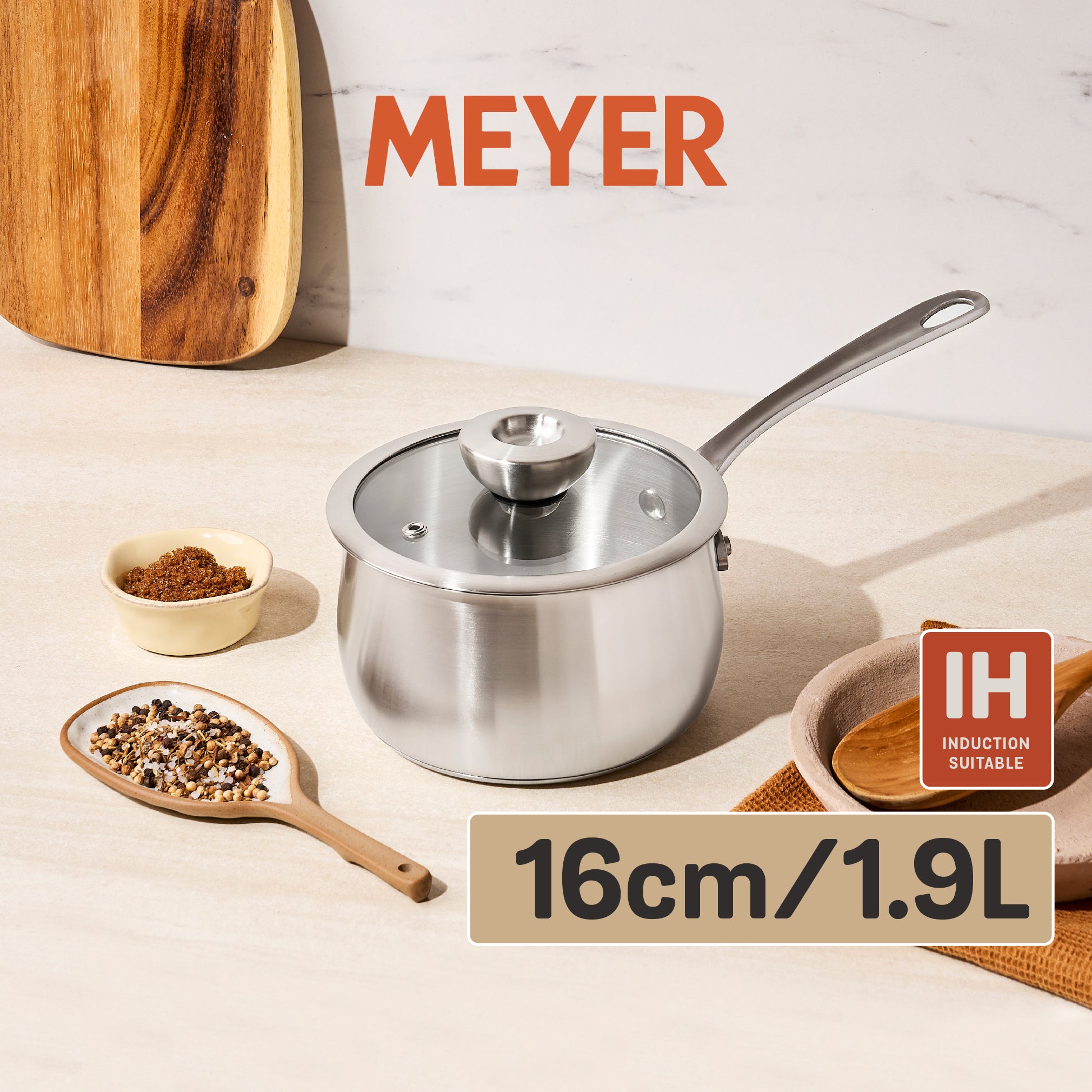 MEYER WHITE STEEL เครื่องครัวสเตนเลส สตีล หม้อด้ามขนาด 16 ซม./ 1.9 ลิตร พร้อมฝาแก้ว (71501-T)