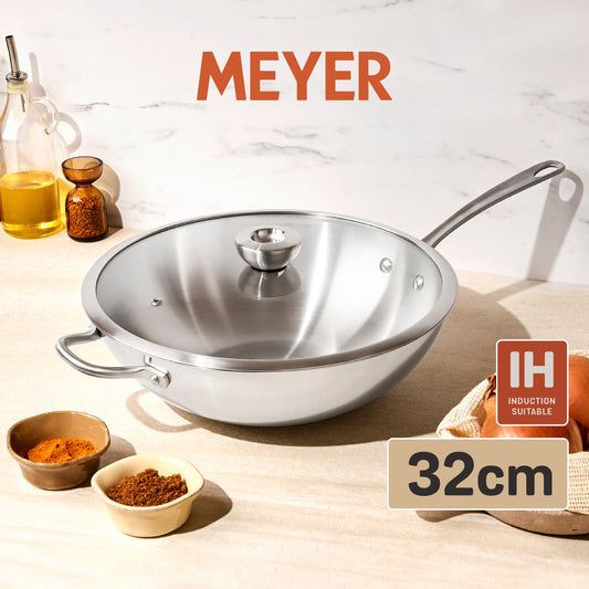 MEYER WHITE STEEL เครื่องครัวสเตนเลส สตีล กระทะทรงลึกมีหูแขวน ขนาด 32 ซม. /12.5 นิ้ว พร้อมฝา(71508-T)