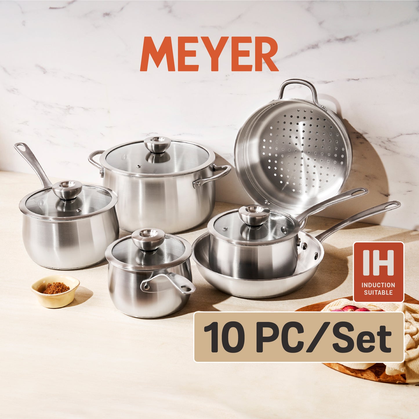 MEYER WHITE STEEL ชุดเครื่องครัวสเตนเลส สตีล 10 ชิ้น (71509-T)