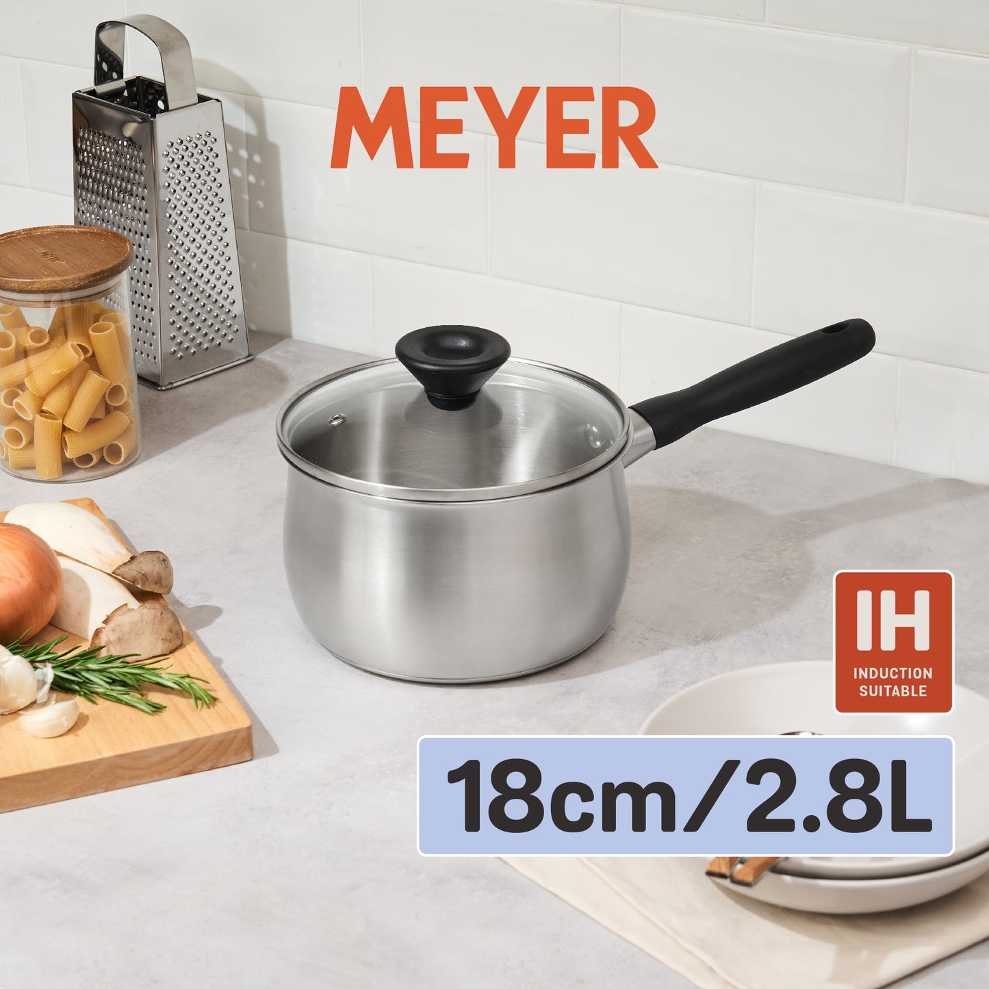 MEYER LUNA SS เครื่องครัวสเตนเลส สตีล หม้อด้ามขนาด 18 ซม./ 2.8 ลิตร พร้อมฝาแก้ว(71795-T)