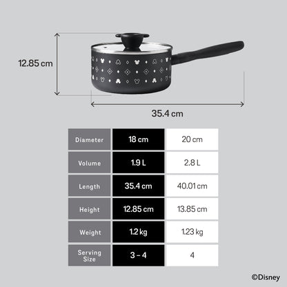 DISNEY MONOCHROME หม้อมีด้ามจับ MEYER ขนาด 18 ซม. / 1.9 ลิตร พร้อมฝาแก้ว Saucepan ลายมิคกี้ เมาส์ ลิขสิทธิ์แท้ (18228-T)