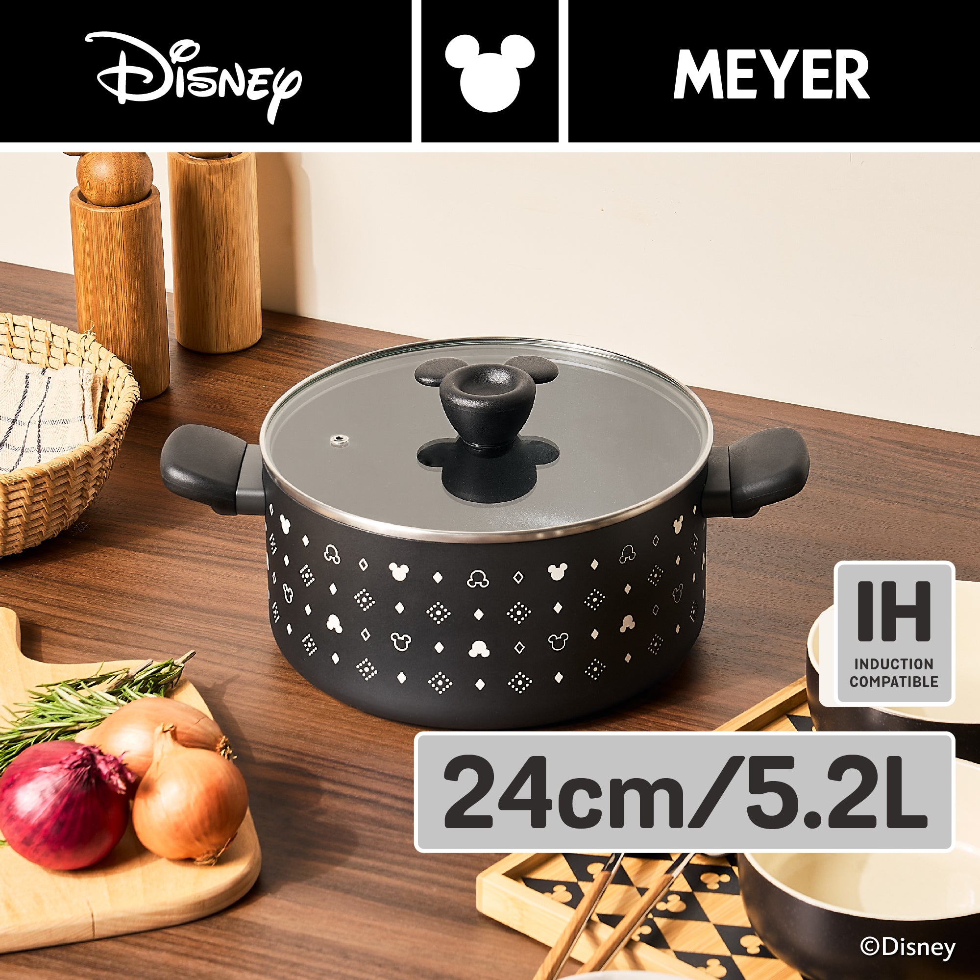 DISNEY MONOCHROME หม้อตุ๋น 2 หู MEYER ขนาด 24 ซม. / 5.2 ลิตร พร้อมฝาแก้ว Casserole ลายมิคกี้ เมาส์ ลิขสิทธิ์แท้ (18229-T)