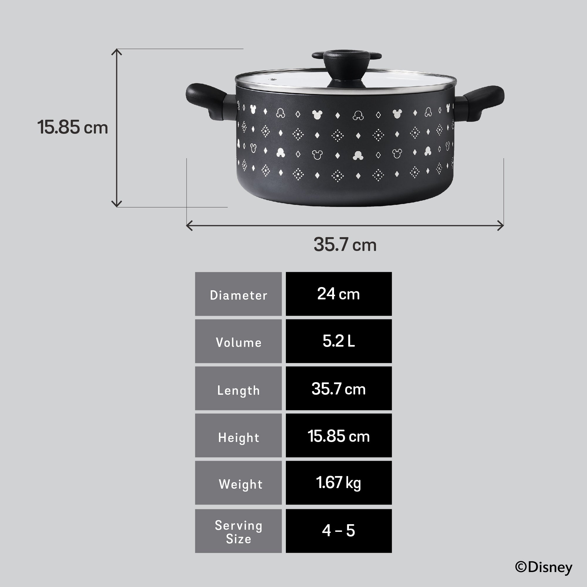 DISNEY MONOCHROME หม้อตุ๋น 2 หู MEYER ขนาด 24 ซม. / 5.2 ลิตร พร้อมฝาแก้ว Casserole ลายมิคกี้ เมาส์ ลิขสิทธิ์แท้ (18229-T)