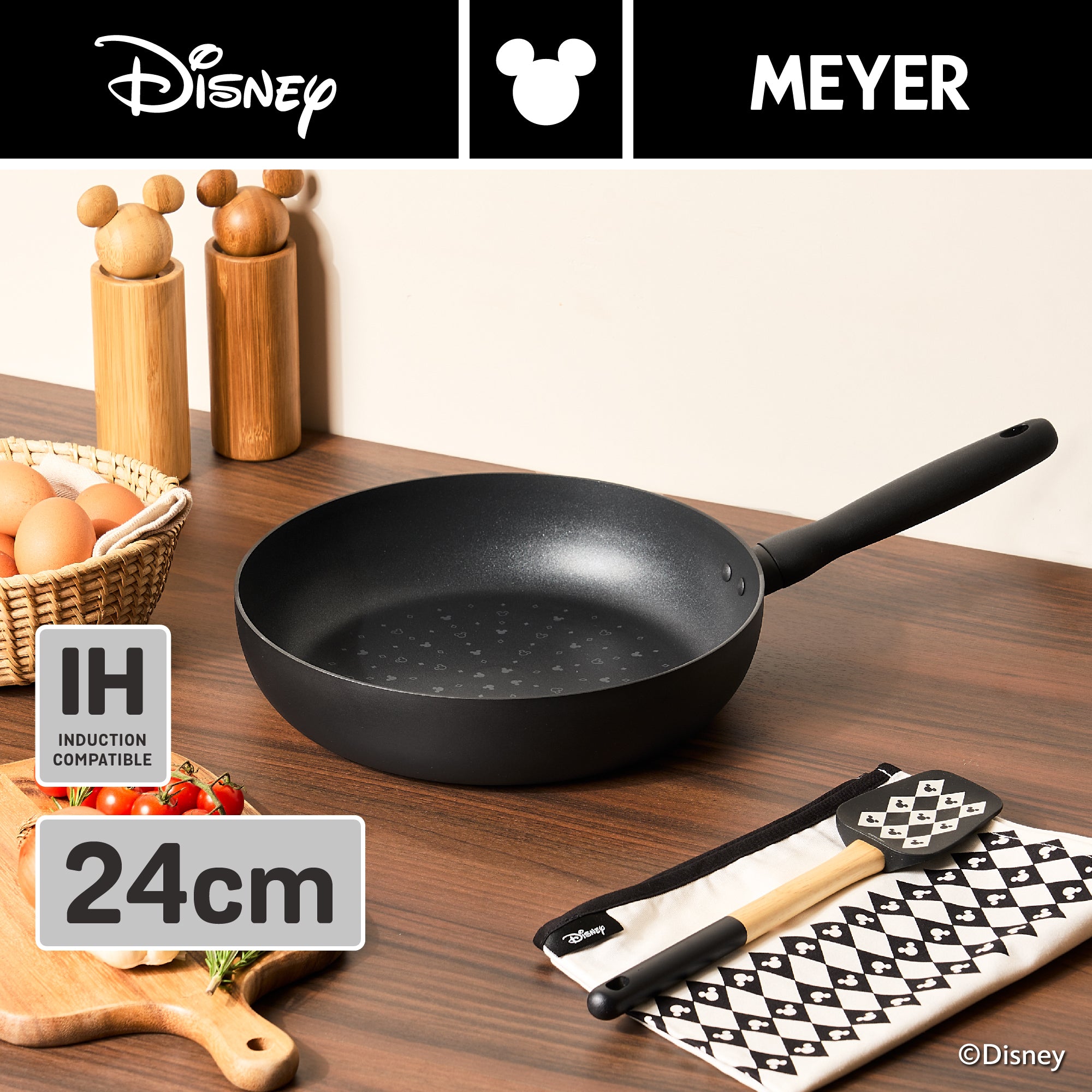 DISNEY MONOCHROME กระทะทอดทรงตื้น MEYER ขนาด 24 ซม. / 9.5 นิ้ว Frypan ลายมิคกี้ เมาส์ ลิขสิทธิ์แท้ (18230-T)