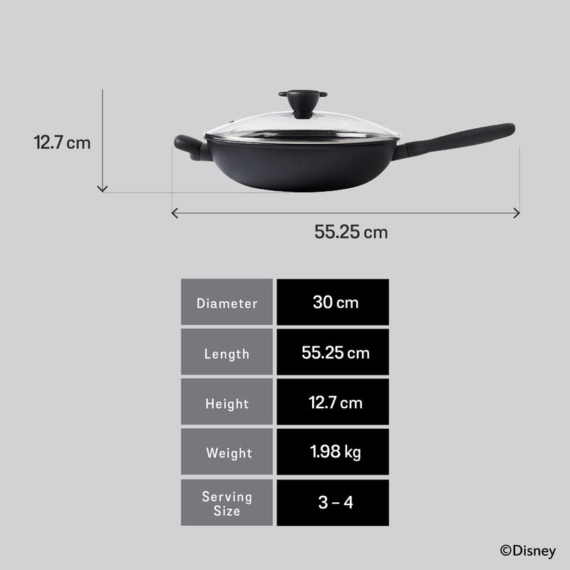 DISNEY MONOCHROME กระทะผัดก้นลึกพร้อมฝาแก้ว MEYER ขนาด 30 ซม. / 12 นิ้ว Stirfry ลายมิคกี้ เมาส์ ลิขสิทธิ์แท้ (18238-T)