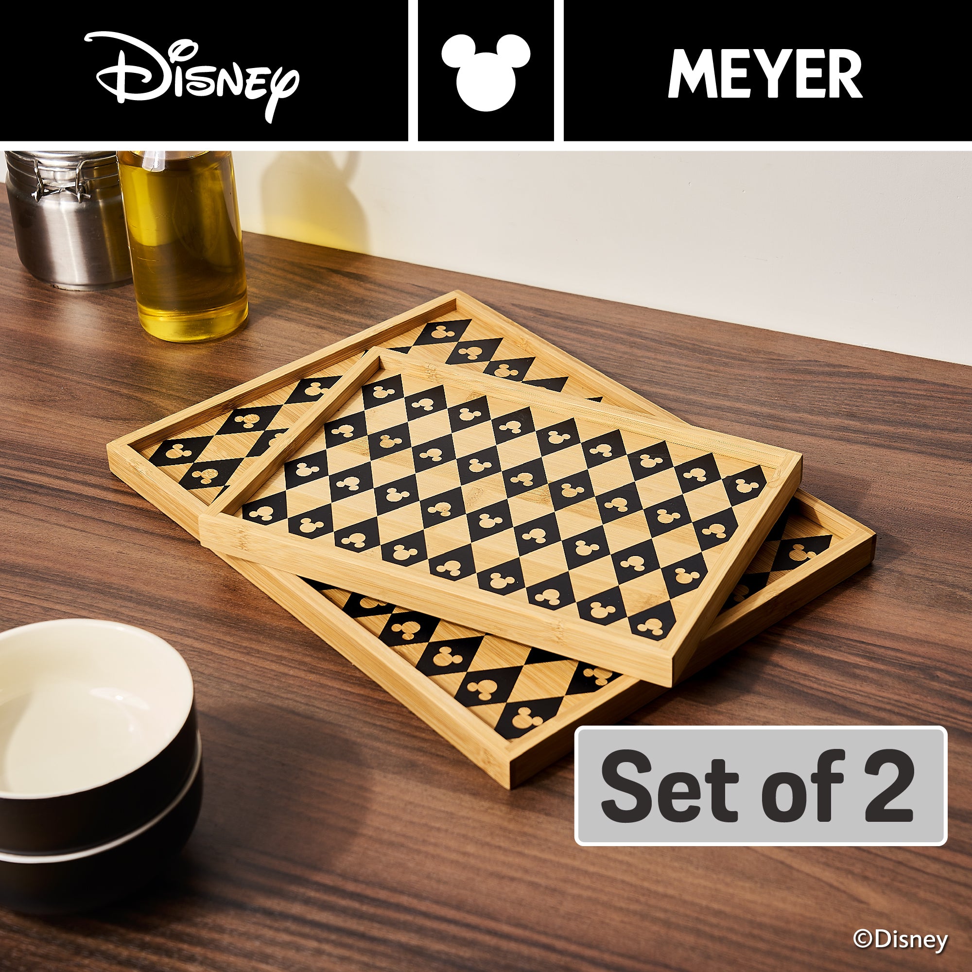 DISNEY MONOCHROME ชุดเซ็ตถาดไม้ไผ่ 2 ชิ้น ลายมิคกี้ เมาส์ ลิขสิทธิ์แท้ Serving tray set (48948-C)