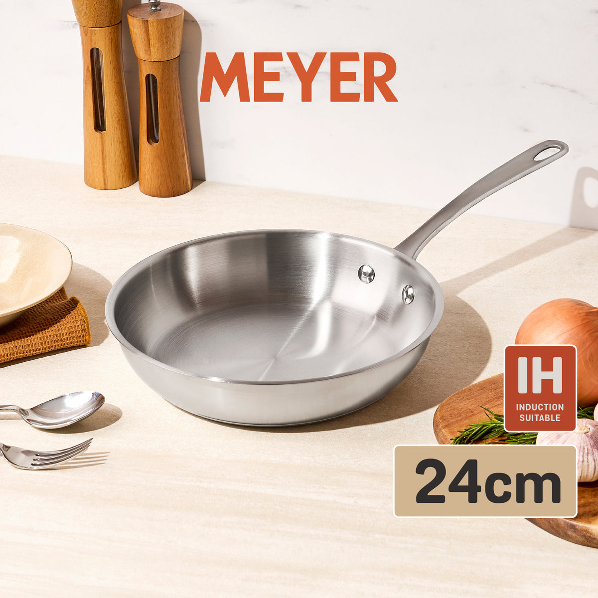 frypan - Meyer - stainless-steel, bestselling, bigsale, Meyer - white-steel, payday, Special Sale - MEYER white steel กระทะสแตนเลส ขนาด 24 ซม. | PotsandPans
