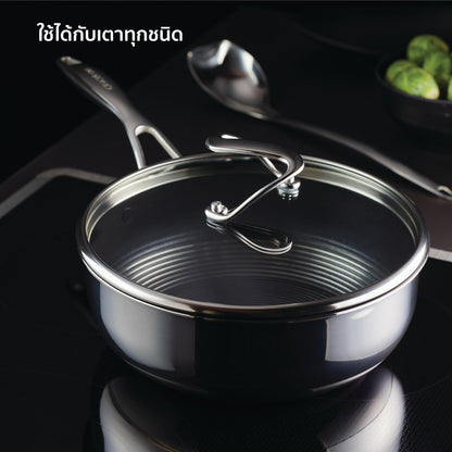 Cookware Set - Circulon - CHEF PAN, SteelShield, SteelShield C-Series, กระทะที่ใช้กับเตาแม่เหล็กไฟฟ้า - CIRCULON SteelShield C-Series ชุดกระทะเชฟสแตนเลสสตีล clad tri-ply ขนาด 24 ซม./3.3 ลิตร มาพร้อมฝาแก้วและทัพพีสแตนเลส Chef pan with scraping spoon (30017-T) - PotsandPans.in.th