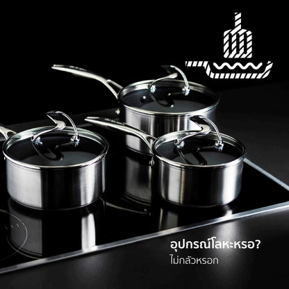 Cookware Set - Circulon - Saucepan, SteelShiel S-Series, SteelShield, กระทะที่ใช้กับเตาแม่เหล็กไฟฟ้า - CIRCULON SteelShield S-Series ชุดหม้อมีด้ามจับสแตนเลสสตีลเคลือบผิวลื่น 3 ชิ้น ขนาด 16,18,20 ซม. พร้อมฝา Saucepan set (70196-T) - PotsandPans.in.th