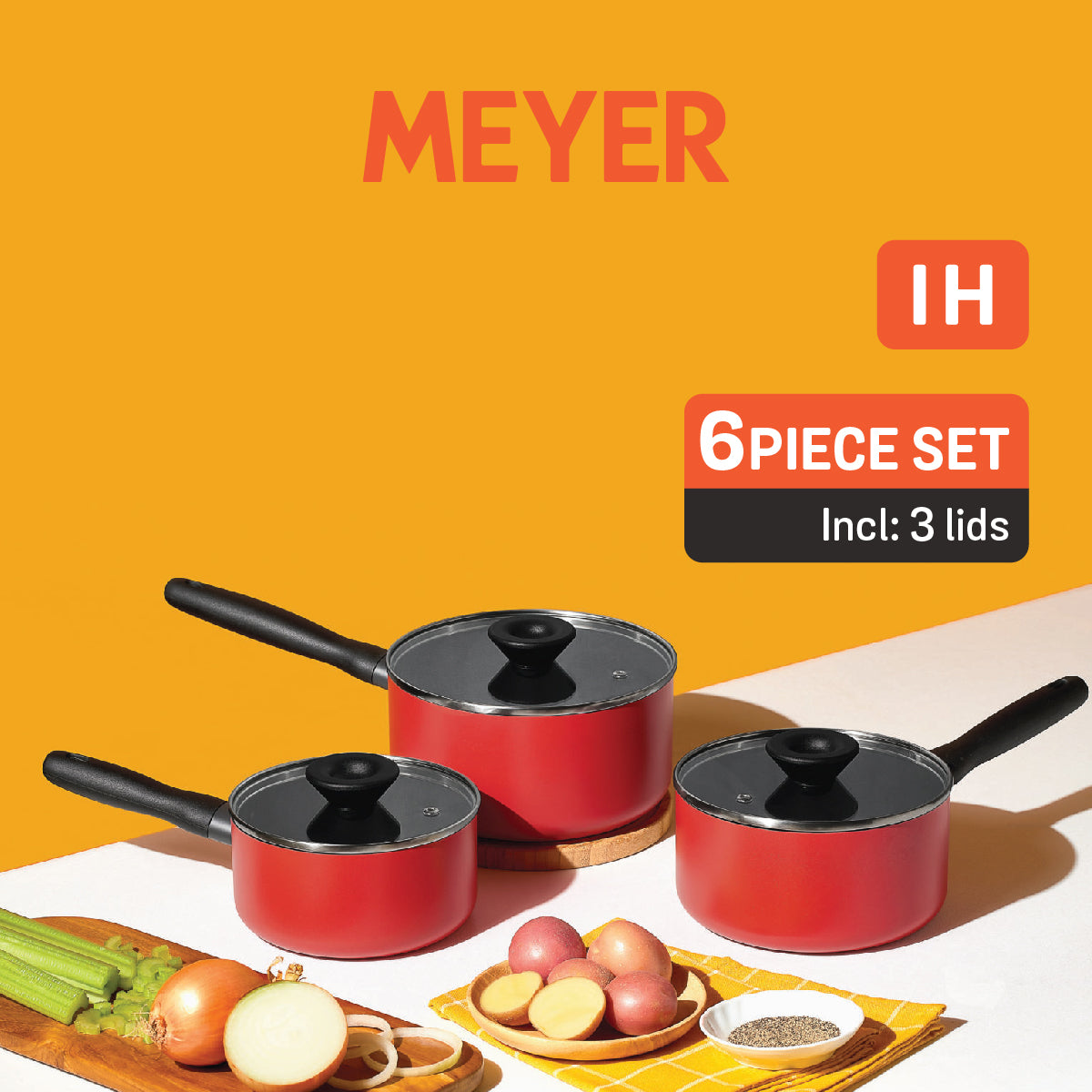 MEYER Bauhaus Induction ชุดหม้อมีด้ามจับพร้อมฝารวม 6 ชิ้น ขนาด 16, 18, 20 ซม. Saucepan set (14212-TE12)