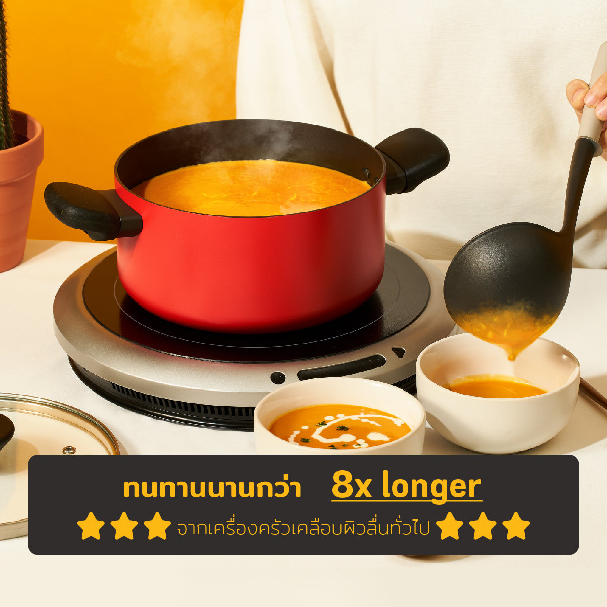 ทนทานกว่า non-stick ทั่วไป 8 เท่า MEYER Bauhaus Induction หม้อตุ๋น 2 หู ขนาด 24 ซม./5.2 ลิตร พร้อมฝา Casserole (14202-TE12)