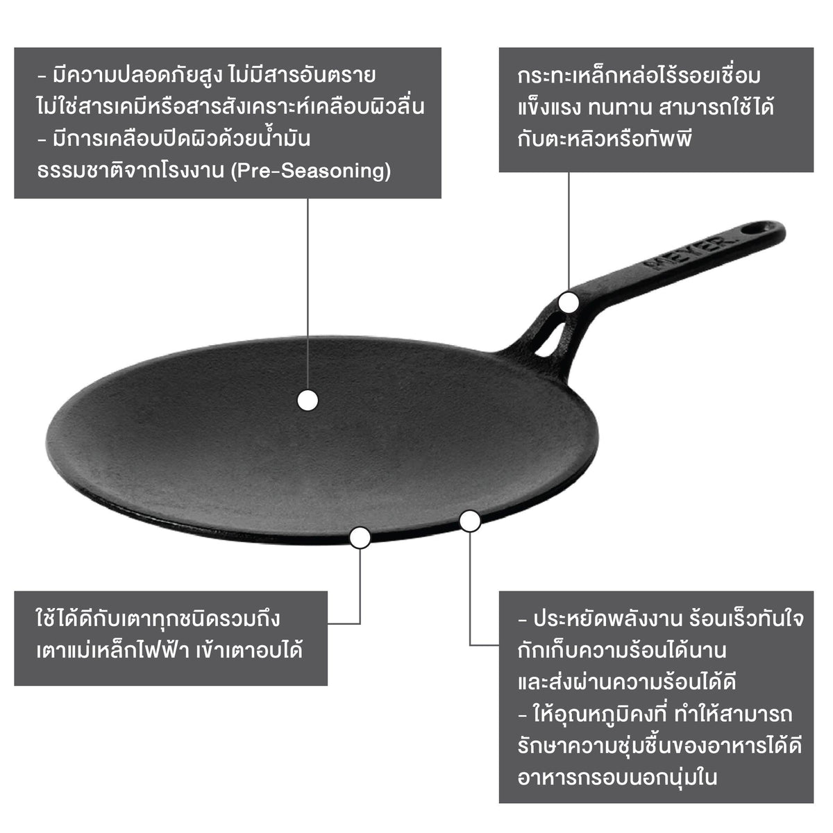 Pans - Meyer - bestselling, bigsale, Meyer - Cast Iron, payday, SPECIAL SALE, Tawa - MEYER CAST IRON กระทะเครปเหล็กหล่อ ขนาด 26 ซม. PRE-SEASONED CURVED TAWA (47609-C) | PotsandPans