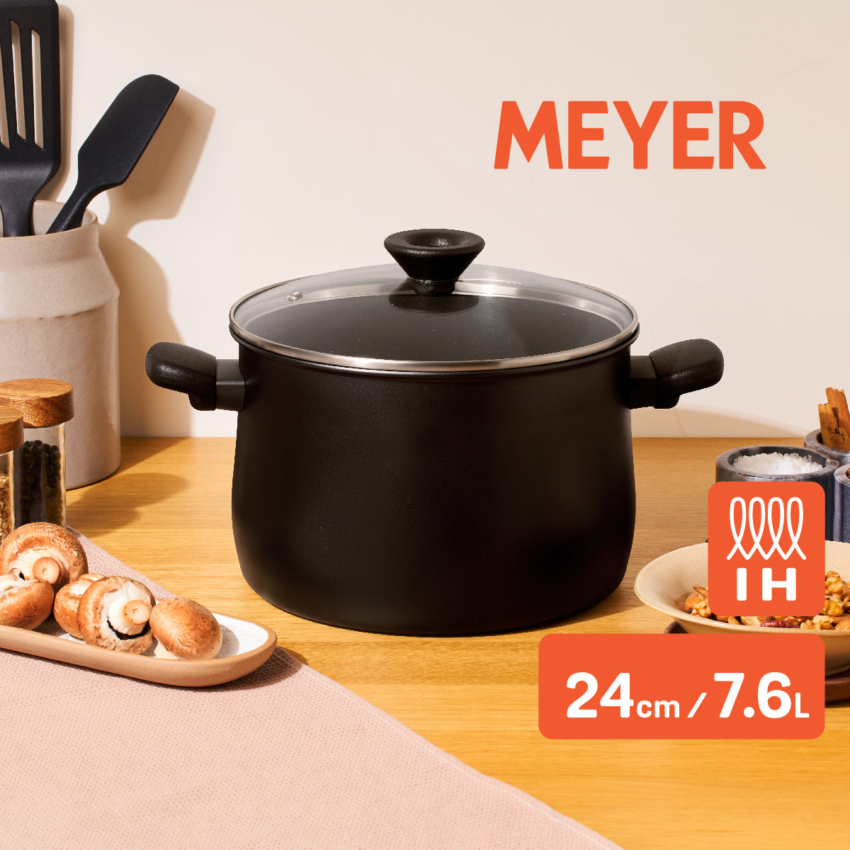 MEYER MIDNIGHT หม้อต้ม 2 หู hard-anodize ขนาด 24 ซม./7.6 ลิตร พร้อมฝา Stockpot (85073-TE12) ใช้ได้กับเตาแม่เหล็กไฟฟ้า ล้างออกง่าย ไม่ติดหม้อ 